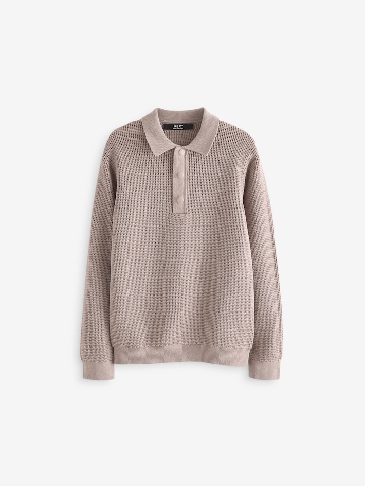 Natural Long Sleeve 100% Cotton Textured Polo Shirt (3-16yrs) - Image 1 of 3