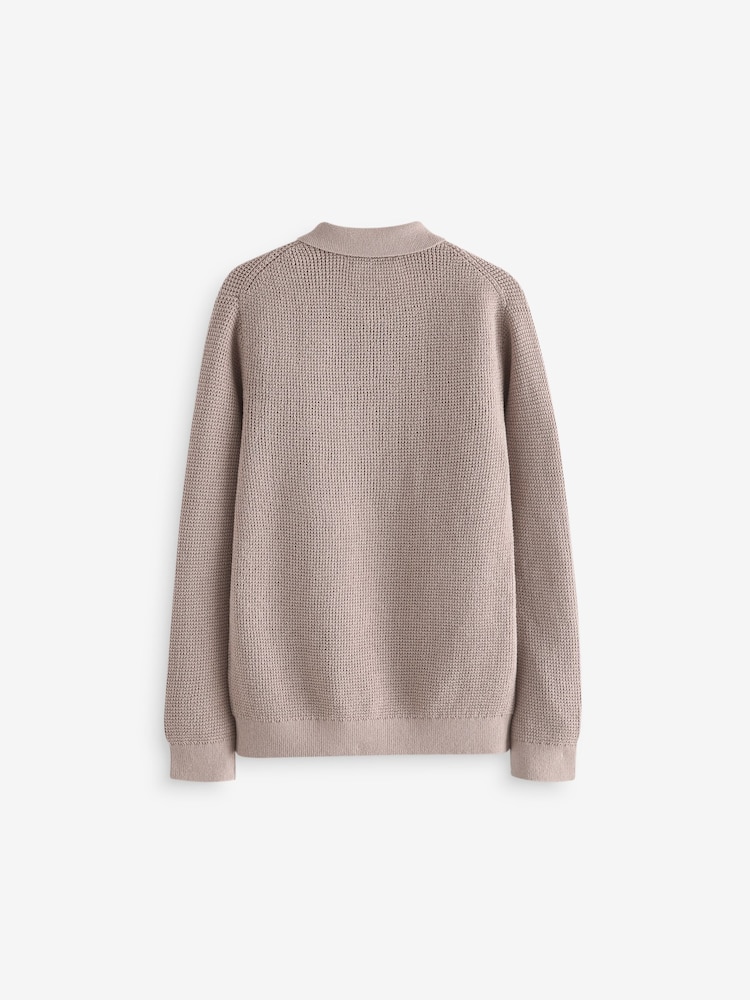 Natural Long Sleeve 100% Cotton Textured Polo Shirt (3-16yrs) - Image 2 of 3