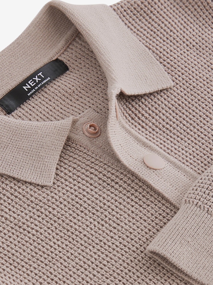 Natural Long Sleeve 100% Cotton Textured Polo Shirt (3-16yrs) - Image 3 of 3