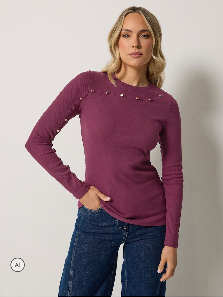 Long Tall Sally Red Metal Detail Ribbed Top - Image 1 of 6 Long Tall Sally Red Metal Detail Ribbed Top - Image 1 of 6