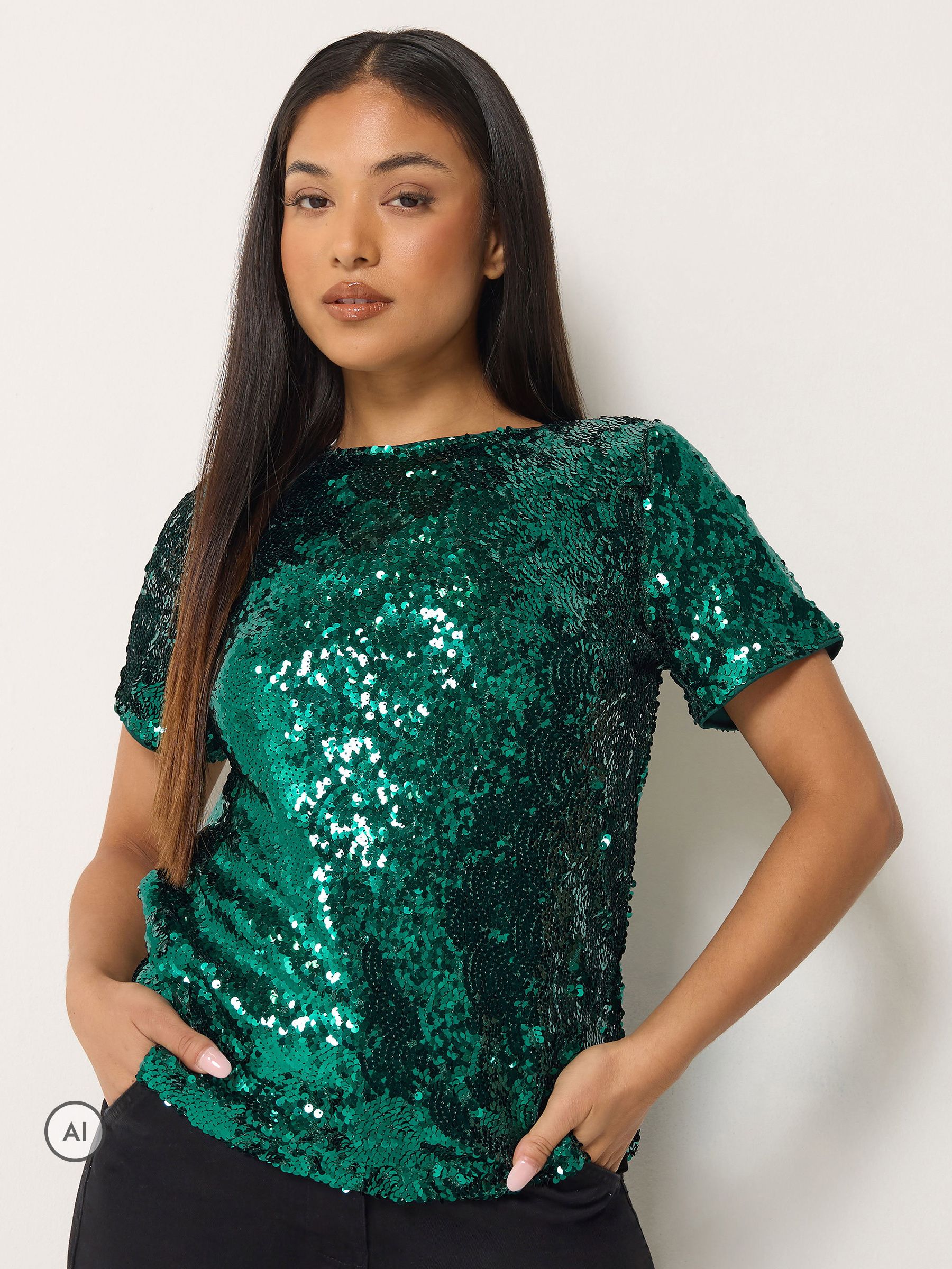 M&Co Women's Dark Green Petite Layered Sequin Top In | Size: 18 - Image 2