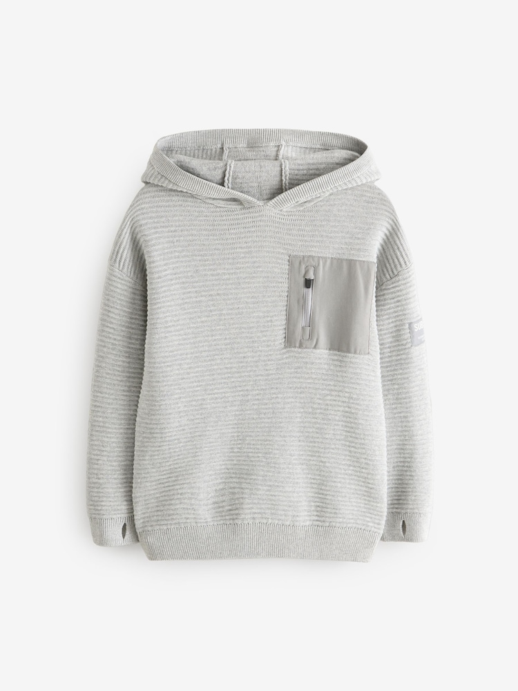 Grey 100% Cotton Utility Knitted Hoodie (3-16yrs) - Image 1 of 5 Grey 100% Cotton Utility Knitted Hoodie (3-16yrs) - Image 1 of 5