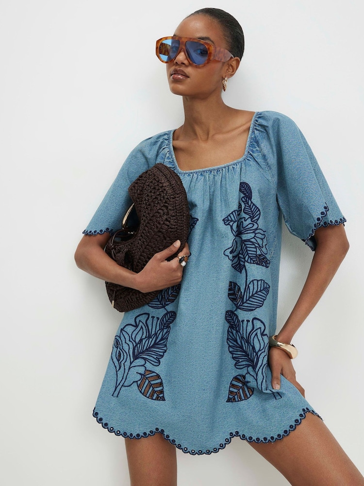 River Island Blue Cutwork Denim Mini Dress - Image 1 of 4 River Island Blue Cutwork Denim Mini Dress - Image 1 of 4