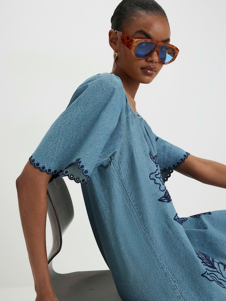River Island Blue Cutwork Denim Mini Dress - Image 2 of 4 River Island Blue Cutwork Denim Mini Dress - Image 2 of 4