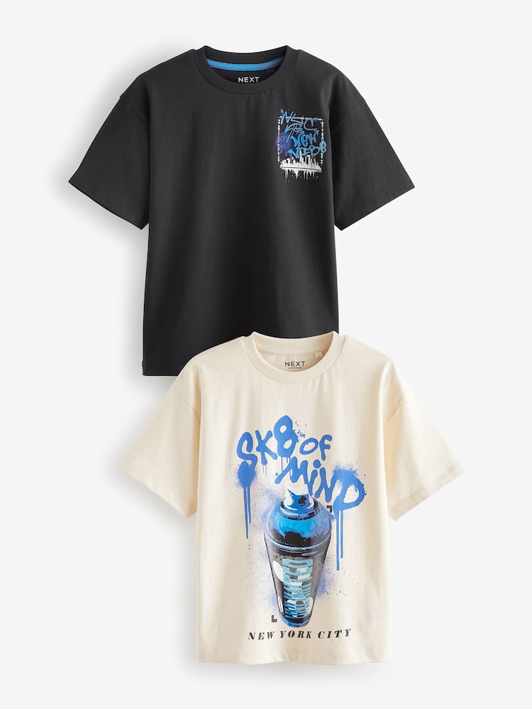 Black/Ecru Graphic Short Sleeve 100% Cotton T-Shirts 2 Pack (3-16yrs) - Image 1 of 6