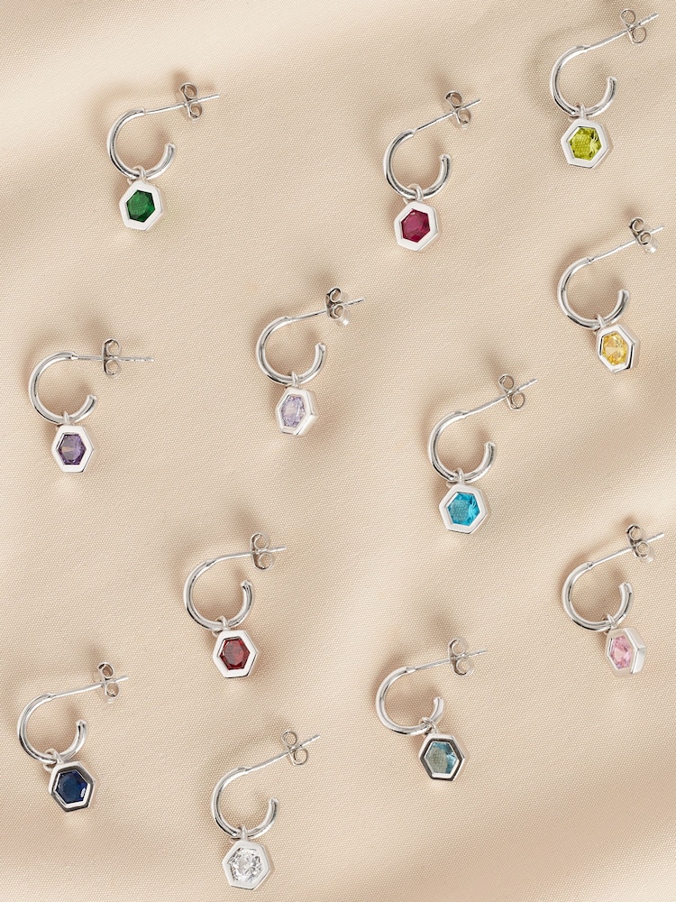 Sterling Silver Hexagon Birthstone Hoop Earrings - Image 1 of 15