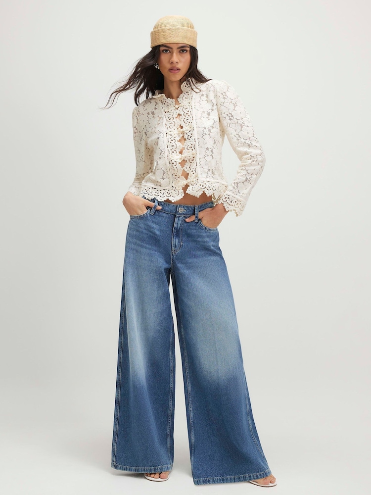 River Island Blue Elasticated Back Wide Leg Jeans - Image 1 of 4 River Island Blue Elasticated Back Wide Leg Jeans - Image 1 of 4