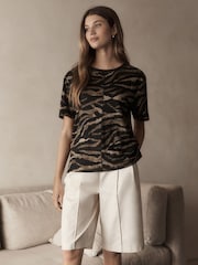 Black/Brown Stripe Slim Fit Premium 100% Linen Crew Neck Short Sleeve T-Shirt - Image 2 of 8