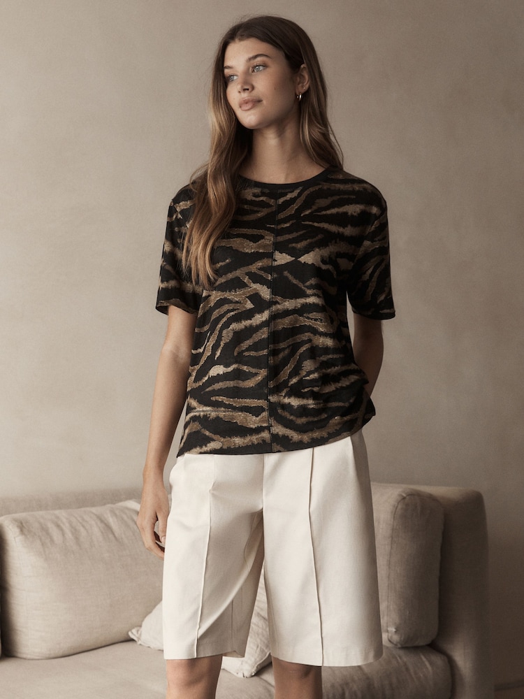 Black/Brown Stripe Slim Fit Premium 100% Linen Crew Neck Short Sleeve T-Shirt - Image 2 of 8