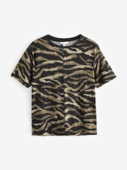 Black/Brown Stripe Slim Fit Premium 100% Linen Crew Neck Short Sleeve T-Shirt - Image 5 of 8
