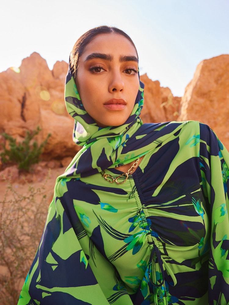 Bright Green Floral Co-ord Chiffon Head Scarf - Image 3 of 5
