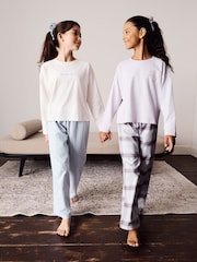 Blauw/ecru - Geweven pyjama's met wijde pijpen 2 verpakking (3-16jaar) - Afbeelding 1 van 6