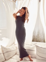 Washed Indigo Blue Sleeveless Racer Neck Ribbed Maxi Dress - Image 1 of 6