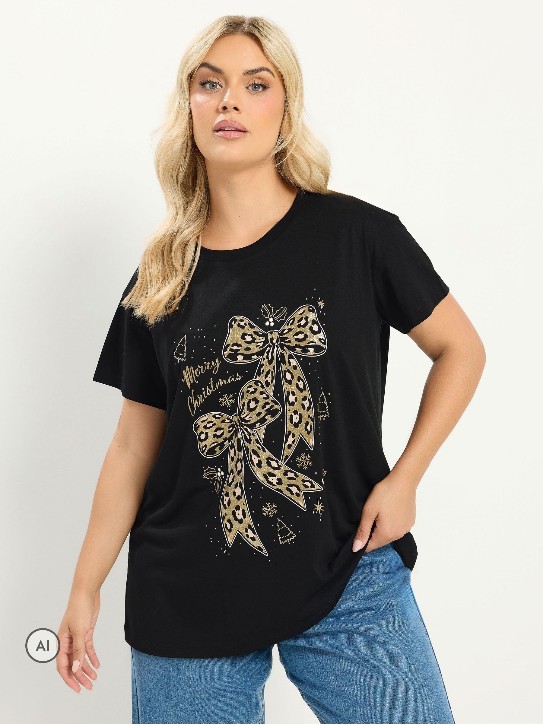 Yours Women's Black 'Merry Christmas' Leopard Bow Glitter T-Shirt In | Size: 38-40 - Image 2