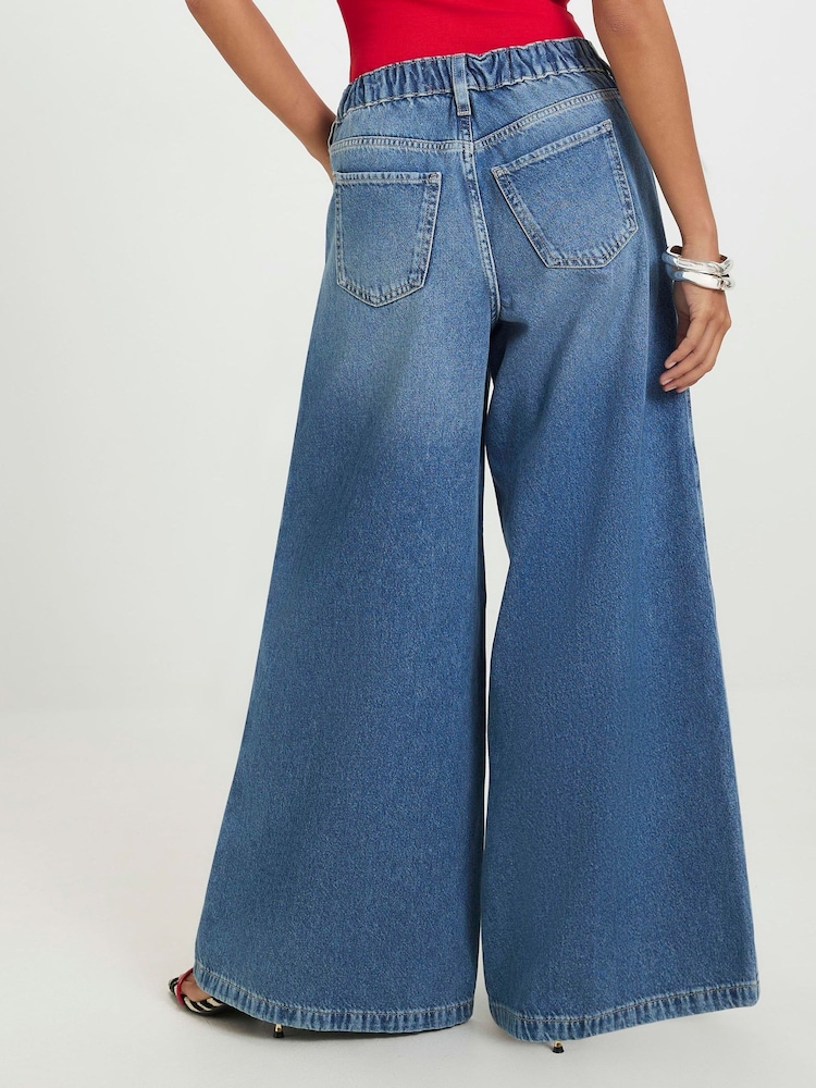 River Island Blue Petite Elasticated Back Wide Leg Jeans - Image 2 of 5