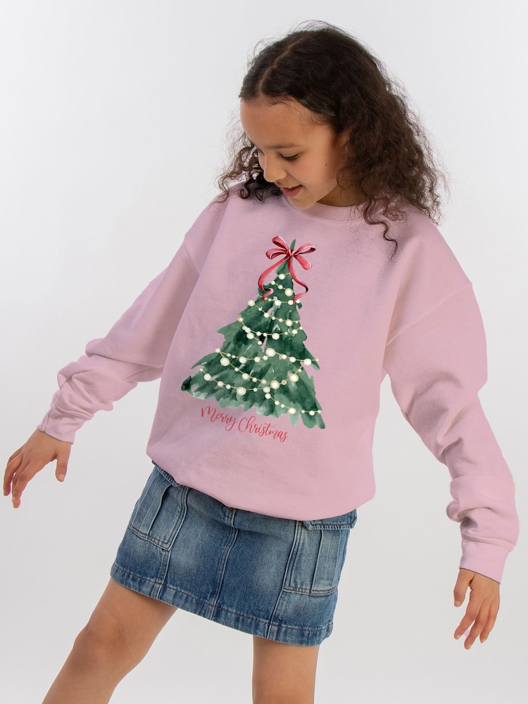 Rags & Rascals Pink Christmas Tree Watercolour Sweat Top - Image 1 of 5