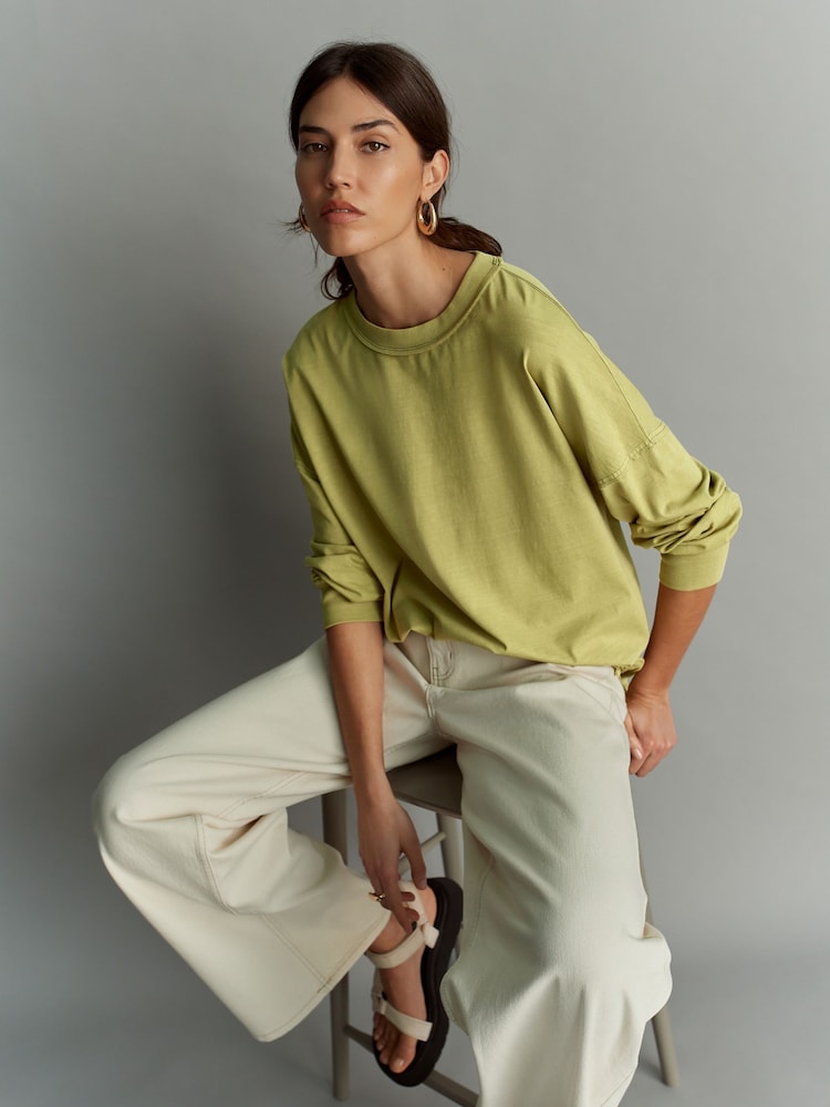 Olive Green 100% Cotton Seam Detail Long Sleeve Skater T-Shirt - Image 1 of 8