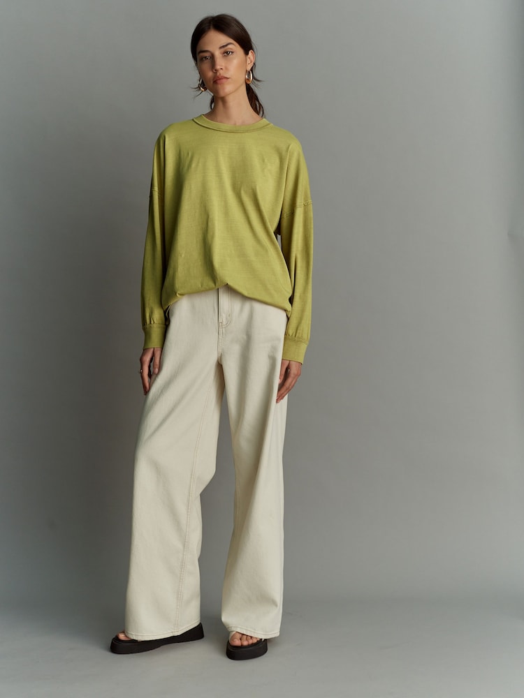 Olive Green 100% Cotton Seam Detail Long Sleeve Skater T-Shirt - Image 2 of 8