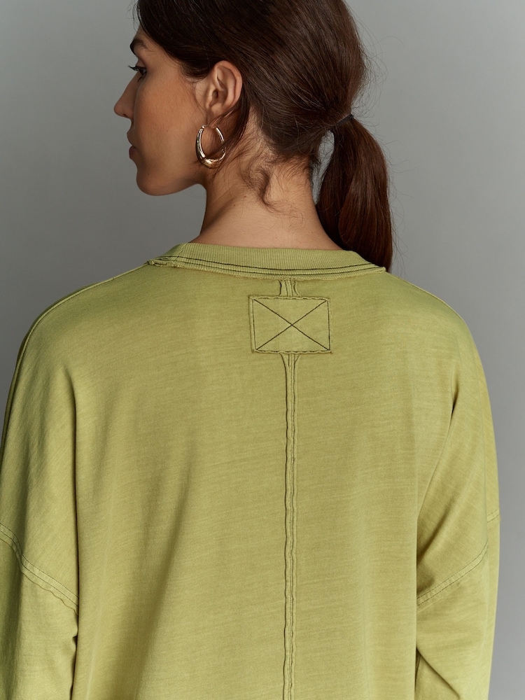 Olive Green 100% Cotton Seam Detail Long Sleeve Skater T-Shirt - Image 3 of 8