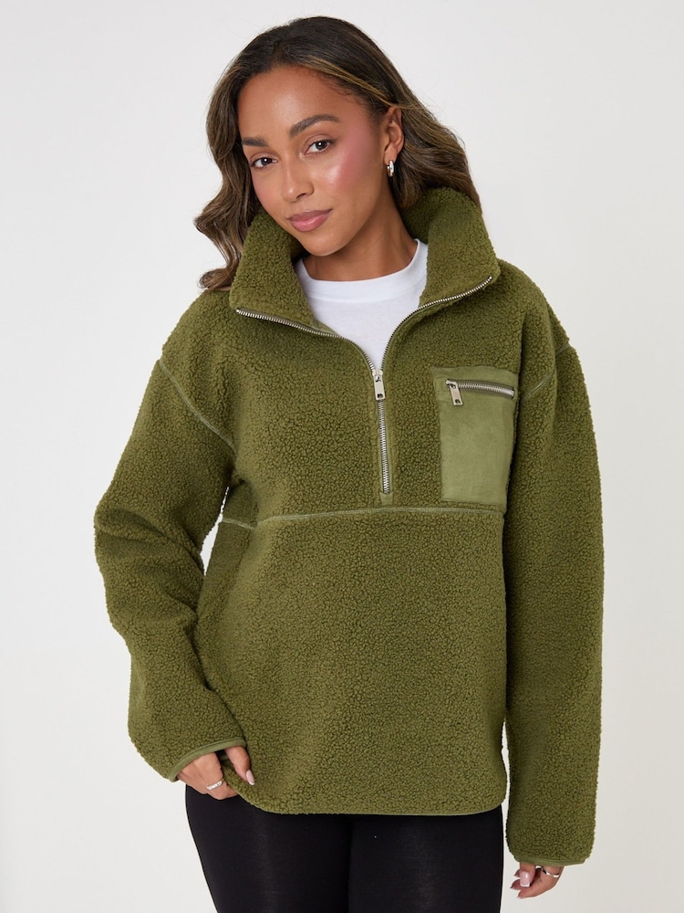 Threadbare Green Half Zip Borg Fleece - Image 1 of 5 Threadbare Green Half Zip Borg Fleece - Image 1 of 5