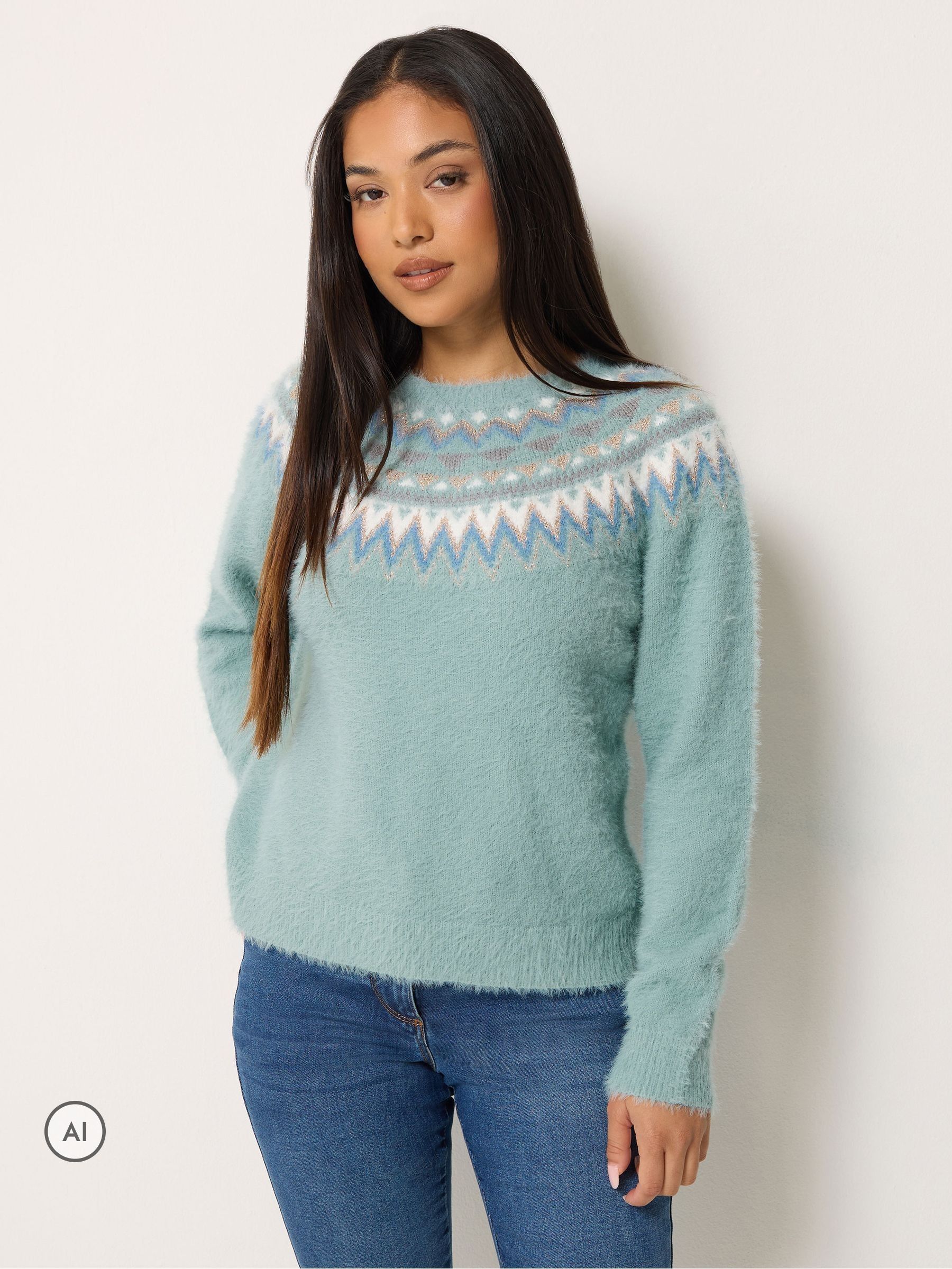 M&Co Women's Mint Petite Feather Fair Isle Jumper In | Size: 8-10 - Image 1