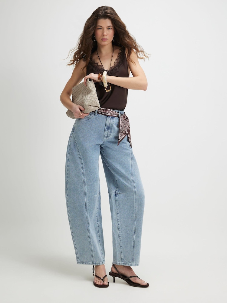 River Island Blue Scarf Detail Seamed Barrel Leg Jeans - Image 1 of 4 River Island Blue Scarf Detail Seamed Barrel Leg Jeans - Image 1 of 4