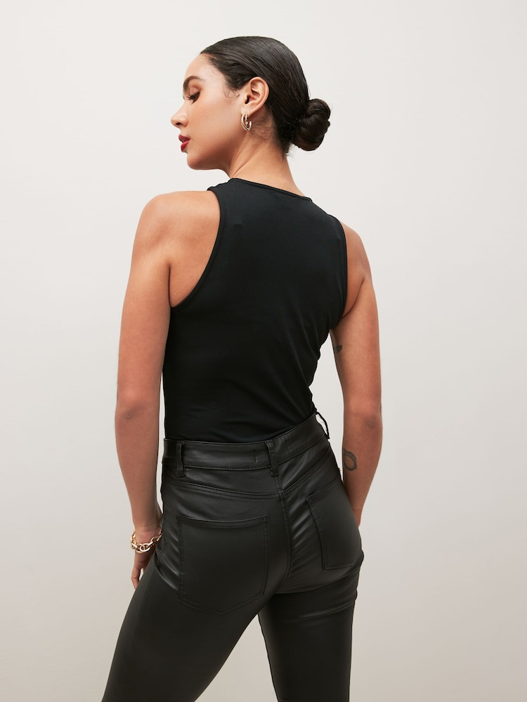 Black Slinky Double Layer Racer Neck Bodysuit - Image 3 of 6