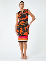 Roman Orange Floral Print Premium Stretch Dress - Image 3 of 5