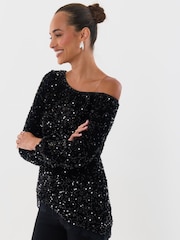 Threadbare Black Sequin Asymmetric Top - Image 1 of 5