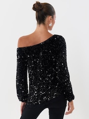 Threadbare Black Sequin Asymmetric Top - Image 2 of 5