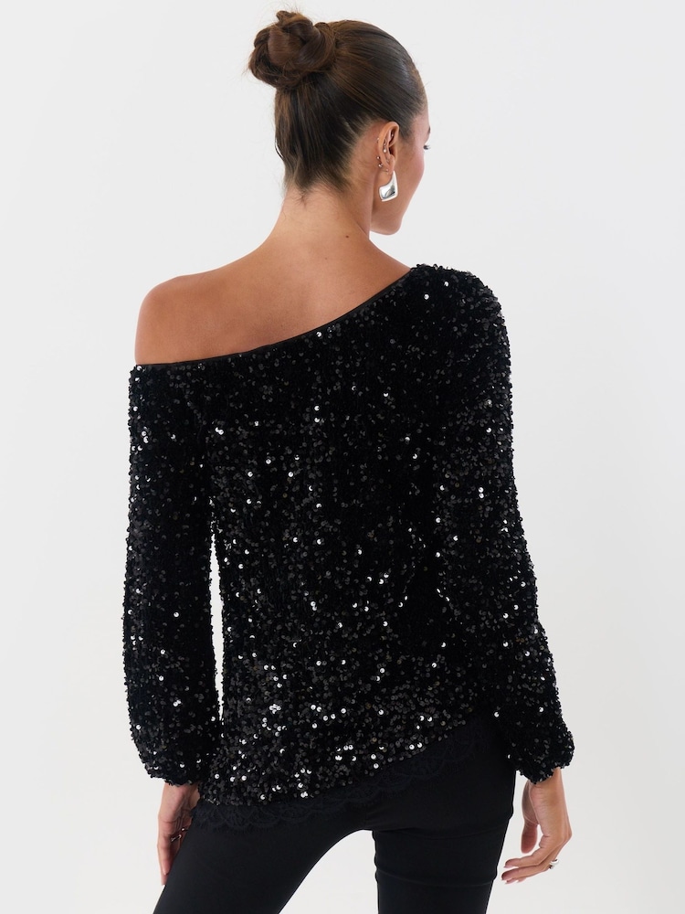 Threadbare Black Sequin Asymmetric Top - Image 2 of 5 Threadbare Black Sequin Asymmetric Top - Image 2 of 5