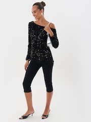 Threadbare Black Sequin Asymmetric Top - Image 3 of 5