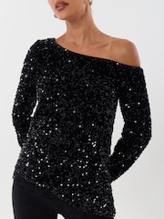 Threadbare Black Sequin Asymmetric Top - Image 4 of 5