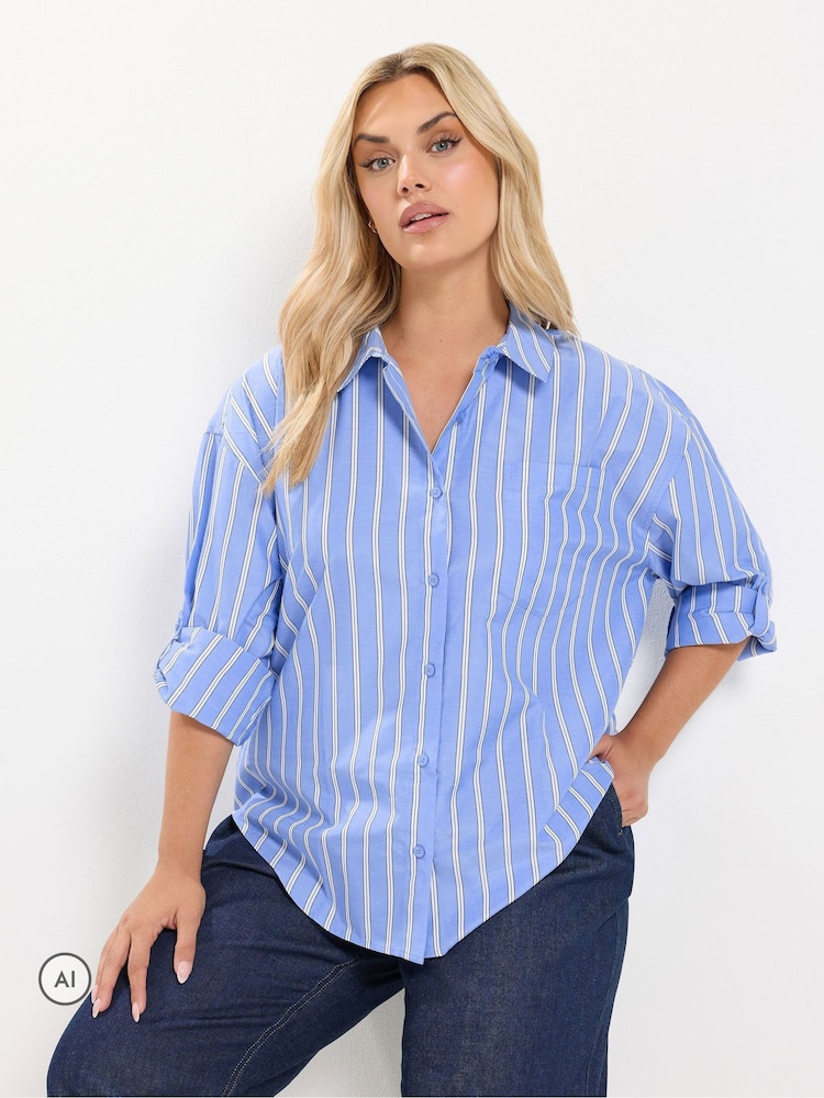 Yours Curve Blue Stripe Shirt - Image 1 of 7 Yours Curve Blue Stripe Shirt - Image 1 of 7