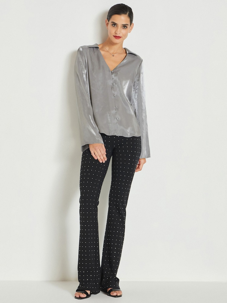 Silver Metallic V-Neck Long Sleeve Blouse - Image 2 of 7