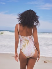 Ecru/Pink Leaf Shirred Non Padded Wired Tummy Shaping Control Swimsuit - Image 3 of 5