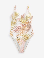 Ecru/Pink Leaf Shirred Non Padded Wired Tummy Shaping Control Swimsuit - Image 5 of 5