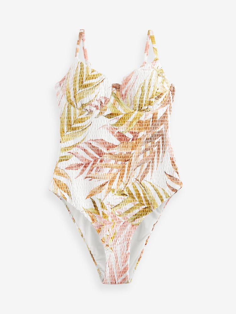 Ecru/Pink Leaf Shirred Non Padded Wired Tummy Shaping Control Swimsuit - Image 5 of 5