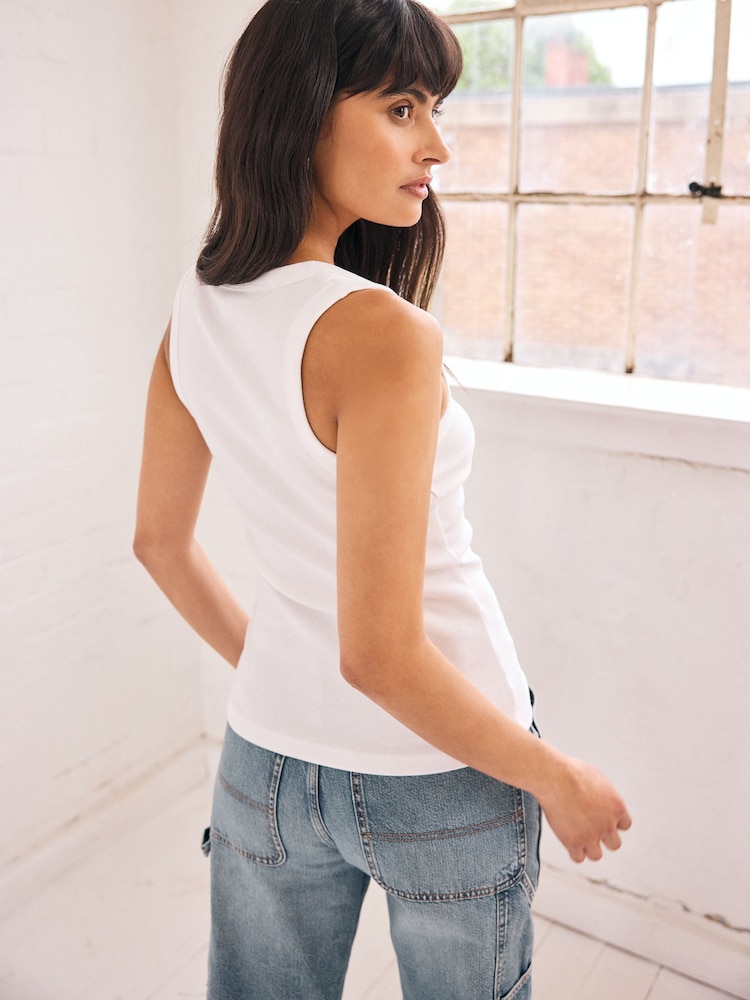 White Premium Ribbed Scoop Tank Vest Sleeveless Top - Image 3 of 4