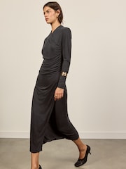 BHOEM Grey Modal Blend Wrap Drape Longsleeve Midi Dress - Image 4 of 5