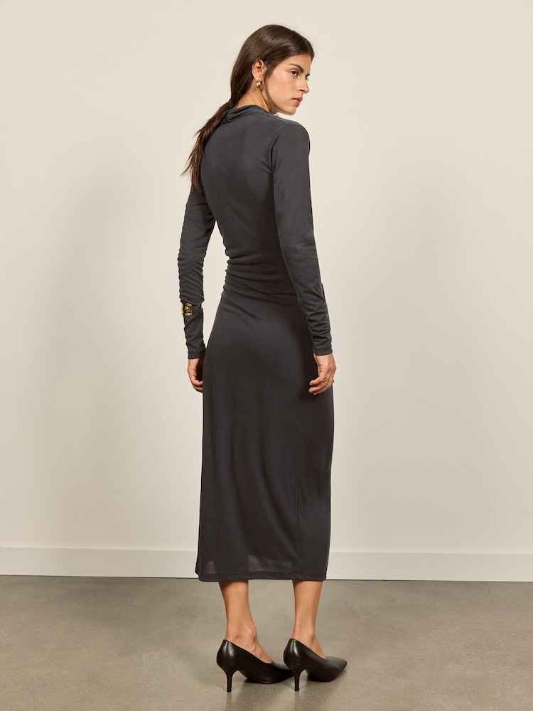 BHOEM Grey Modal Blend Wrap Drape Longsleeve Midi Dress - Image 5 of 5 BHOEM Grey Modal Blend Wrap Drape Longsleeve Midi Dress - Image 5 of 5