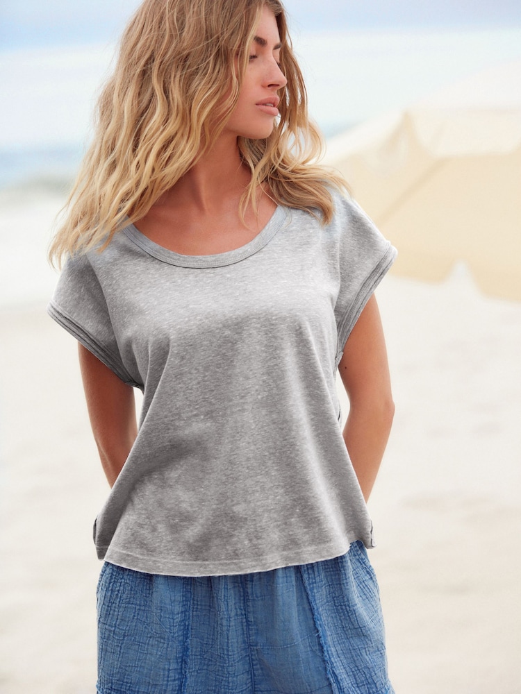 Grey Wide Neck Cap Sleeve Slub T-Shirt - Image 1 of 7