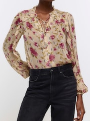 River Island Brown Printed Ruffle Blouse - Image 1 of 4