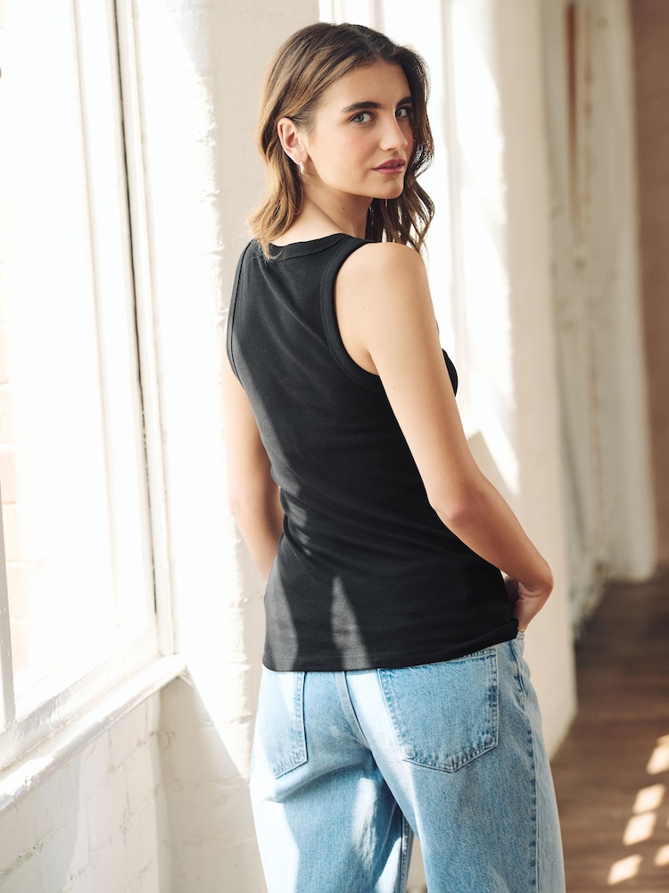 Black Premium Ribbed Scoop Tank Vest Sleeveless Top - Image 3 of 5