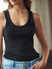 Black Premium Ribbed Scoop Tank Vest Sleeveless Top - Image 4 of 5