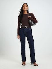 River Island Blue Petite High Rise Belted Stretch Straight Leg Jeans - Image 1 of 5