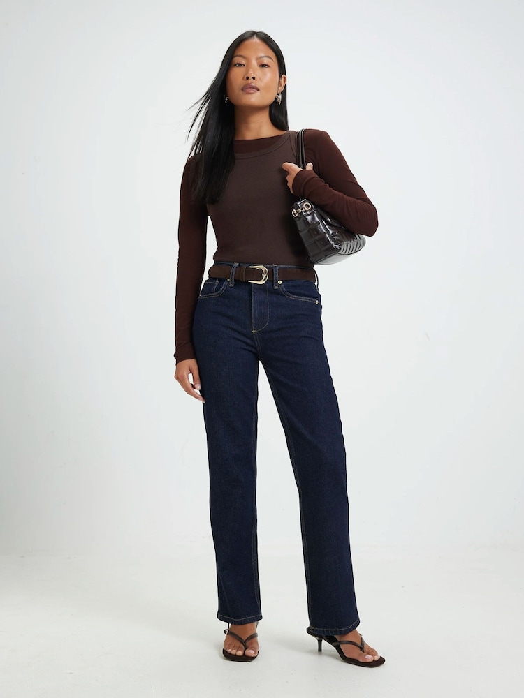 River Island Blue Petite High Rise Belted Stretch Straight Leg Jeans - Image 1 of 5 River Island Blue Petite High Rise Belted Stretch Straight Leg Jeans - Image 1 of 5