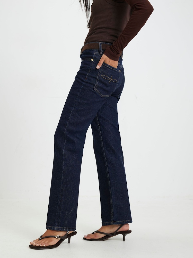 River Island Blue Petite High Rise Belted Stretch Straight Leg Jeans - Image 2 of 5 River Island Blue Petite High Rise Belted Stretch Straight Leg Jeans - Image 2 of 5