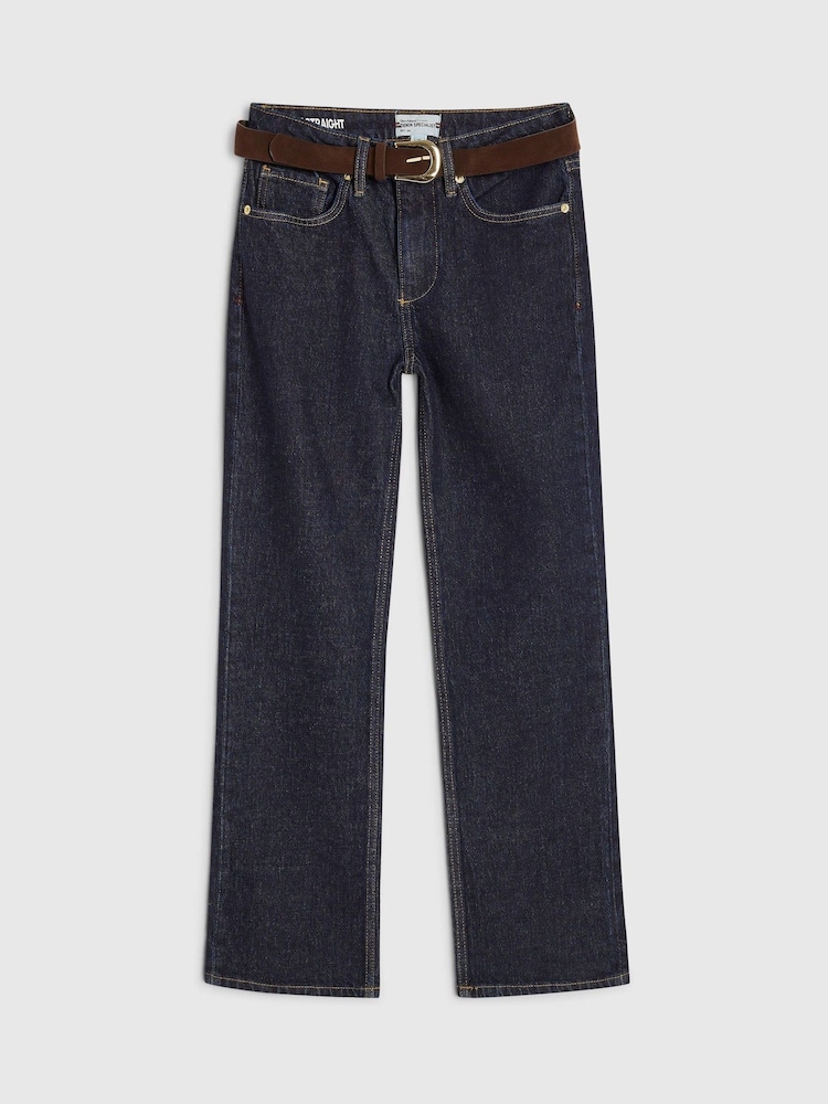 River Island Blue Petite High Rise Belted Stretch Straight Leg Jeans - Image 5 of 5 River Island Blue Petite High Rise Belted Stretch Straight Leg Jeans - Image 5 of 5