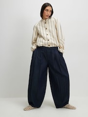 River Island Blue Pleated Elasticated Back Barrel Leg Trousers - Image 1 of 4